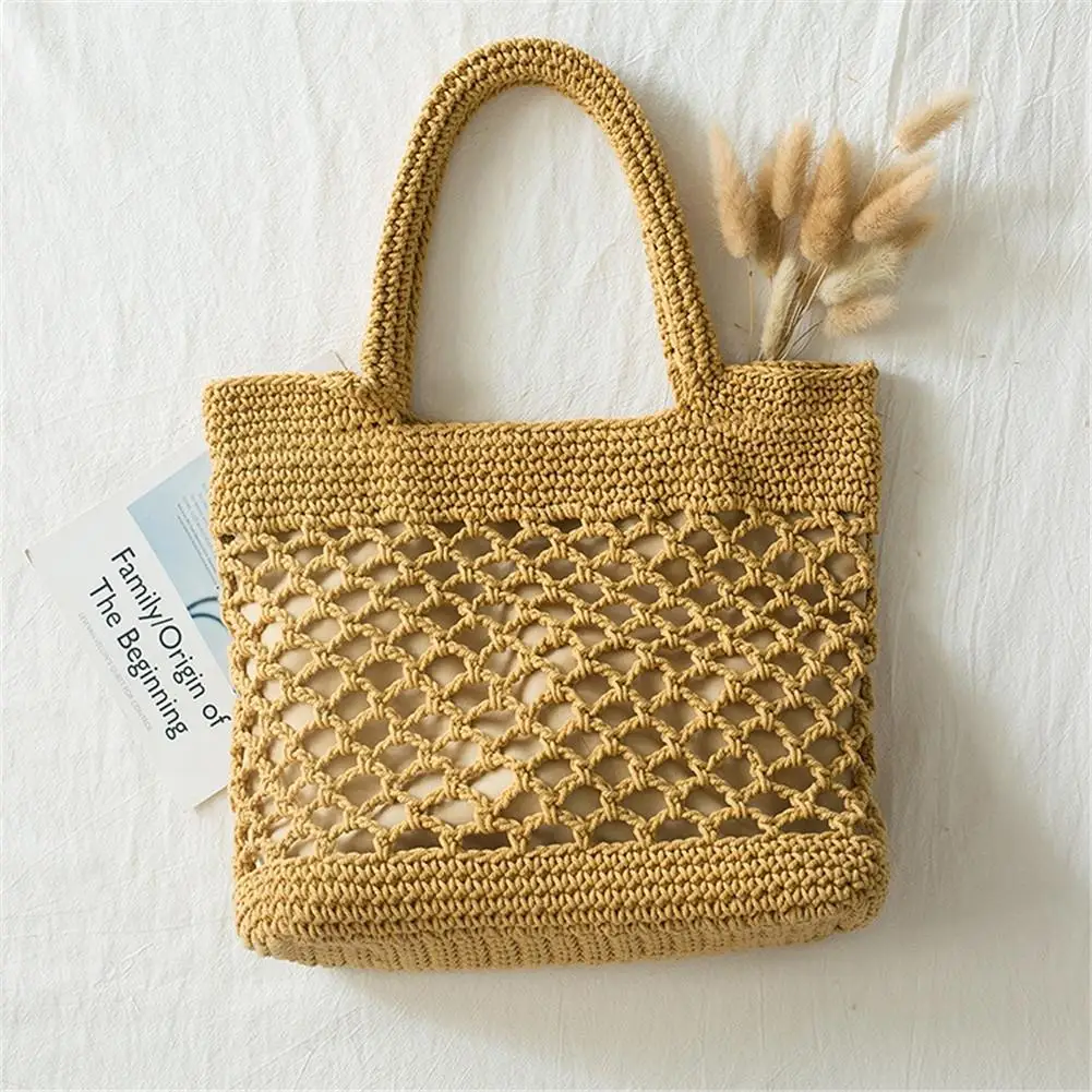 

Women Cotton Handmade Hand Straw Woven Bag Tote Fashion Casual Beach Hollow Out Bohemian Shoulder Storage Bag Braided Handbag