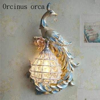 

American southeast peacock blue crystal wall lamp balcony aisle bedroom bedside wall lamp free shipping