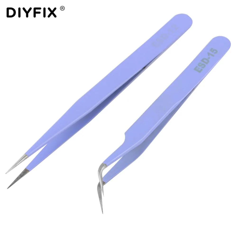 DIYFIX 2Pcs Eyelash Extension Tweezers Straight Curved Forceps Pliers for Nail Art Jewelry DIY Gem Decor Picking Hand Tools Kit