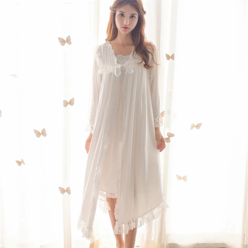 Комплект из 2 предметов, пижама, Осенний женский халат, комплект с платьем, кружевная ночная рубашка, халат, комплект неглиже, домашняя одежда, элегантный пеньюар, комплект T286 - Цвет: White