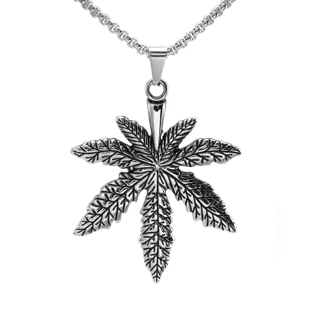 

Vintage Look Silver tone 316L Stainless Steel Punk Biker Pot Leaf Peace Symbol Pendant Necklace SS Chain 70CM Long