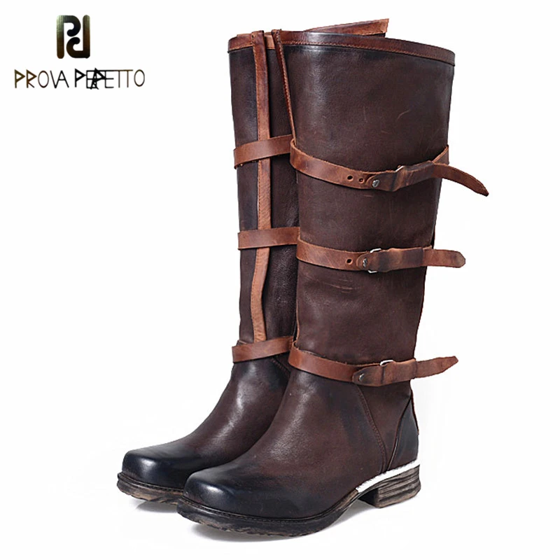 

Prova Perfetto England Style Retro Design Square Toe Buckle Strap Woman Knee High Boots Genuine Leather Low Heel Motor Boots