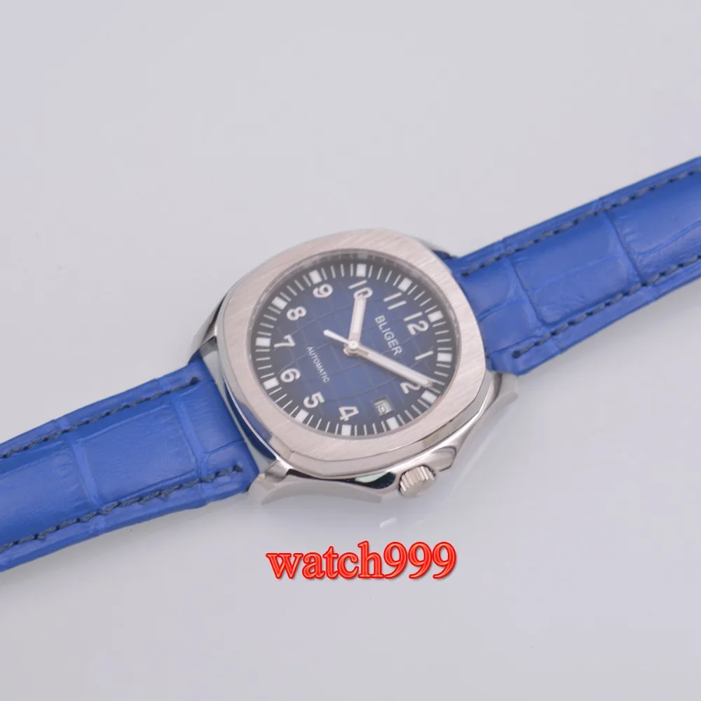 39 мм BLIGER синий циферблат Твердый чехол сапфировое стекло Дата механические Автоматические Мужские часы кожаный ремешок