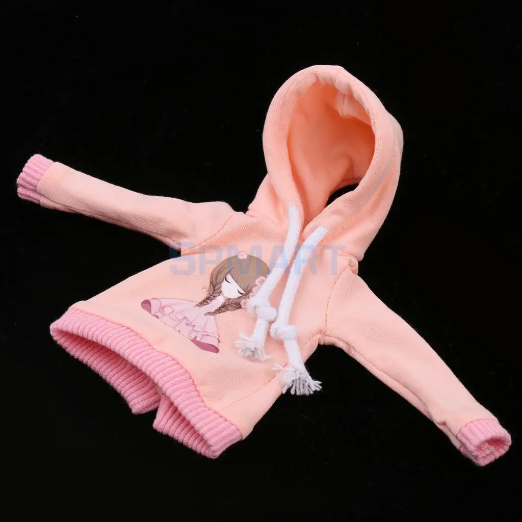 Trendy Pink Hoodie Top with Pretty-Girl Graphic Outfit Clothes for 1/6 Scale Fashion Doll Blythe Azone Licca Accessories