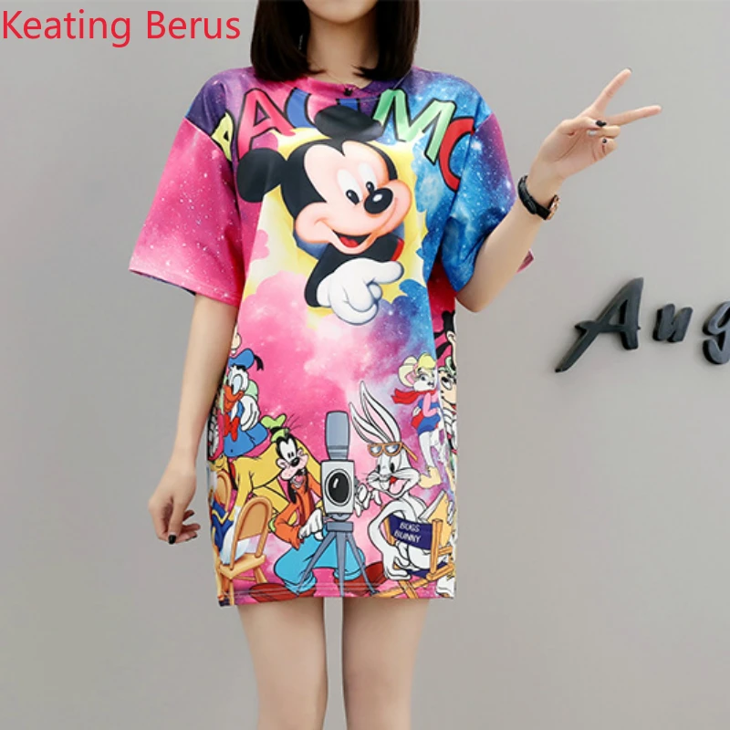

Summer Ladies Print Dress Fashion Cool Short-sleeved Round Neck Color Cartoon Mickey Mouse Print Short Loose Large Size Dress
