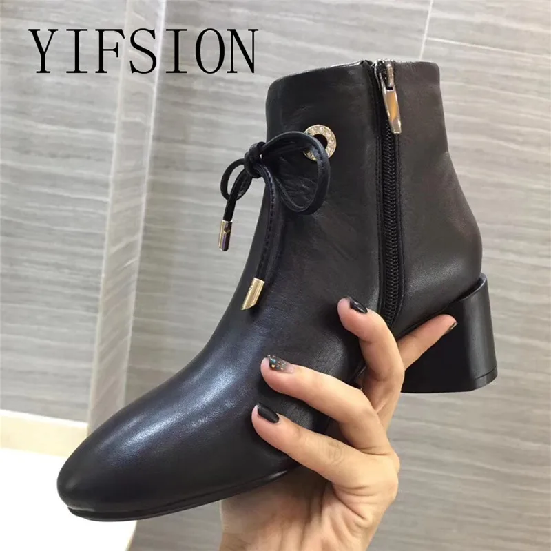 

OLOME New Black Genuine Leather Women Ankle Boots Round Toe Side Zip Thick Heel Women Autumn Winter Boots Casual Shoes Woman