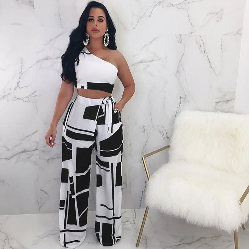 Summer Patchwork Two Piece Set Women One Shoulder Sleeveless Crop Top