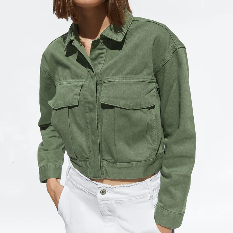 

Plus Size Winter Women Outerwear and Jacket Long Sleeve Loose Coat Short Jeans Jacket Women Big Pocket Green Jacket Woman