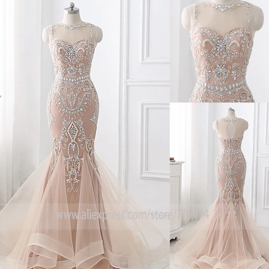 

High Tulle Neckline Light Champagne Beaded Applique New Design Long Mermaid Evening Dress Sweep Train Prom Party Dress