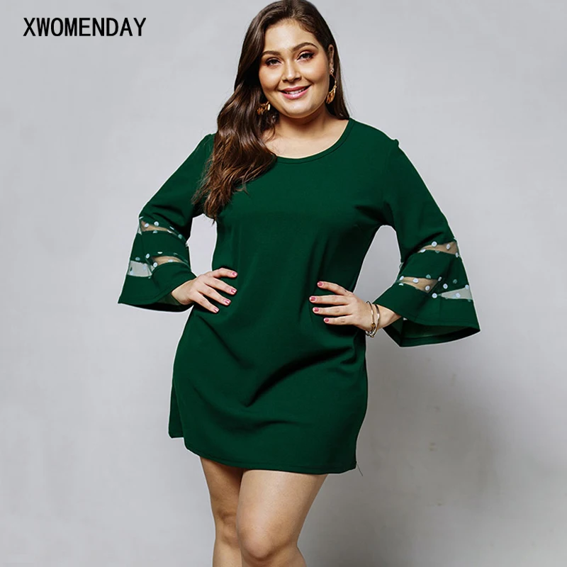 

Women Casual Solid Color Mesh Dot Print Patchwork Holiday Dress Ladies Plus Size 4XL Flare Sleeve O Neck Mini Summer Dress 2019