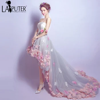 

Vestido de Novia 2017 Grey Handmade 3D Flowers High Low Colorful Cheap Mother and Girls Prom Evening Dress Vestidos De Festa