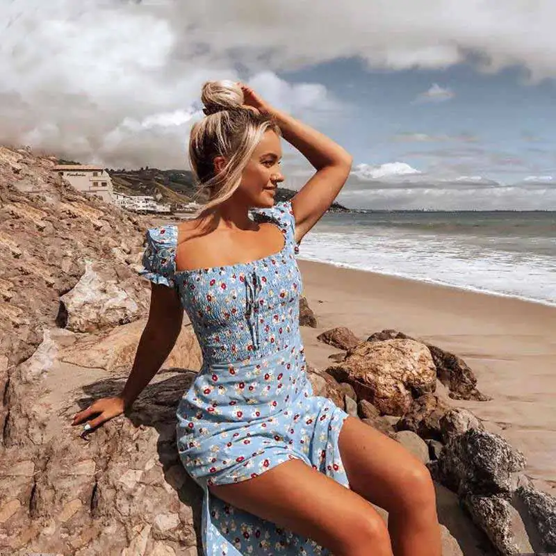 

BOHO INSPIRED JASMINE PRINT BLUE summer dress square neck midi SIDE SPLITS women dress slim sexy chic holiday party dress