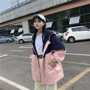 

2020 Loose Bf Hip-hop Bump Color Female Zipper Hooded Baseball Uniform Windbreaker Women Trench Coat
