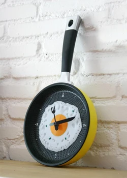 

Modern Clock Shape Pan Frying Eggs Cutlery Wall Decor Yellow Kitchen