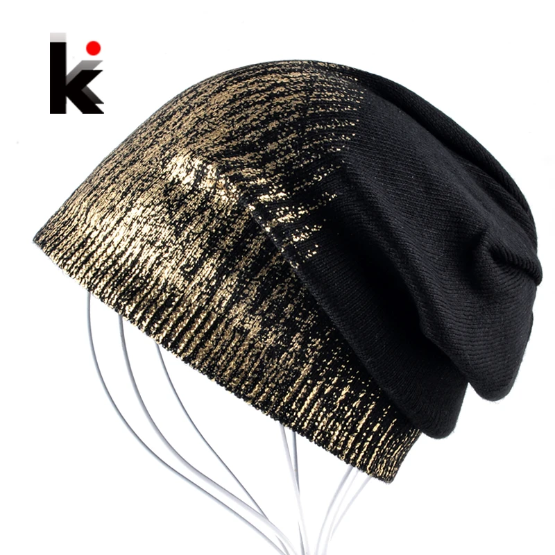 

Women's knitted Wool Bonnet Hat Autumn And Winter Fashion Gold Stamping Woollen Solid Beanies Caps Femal Flashing Skullies Girls