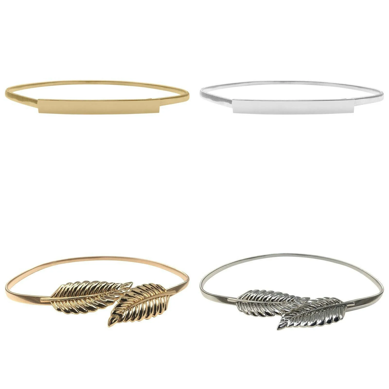 

Womens Ladies Fashion Gold Leaves Metal Elastic Thin Skinny Belt Waist Band 2 Styles