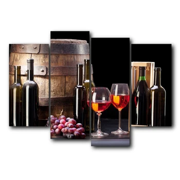 

Laeacco 4Pcs Canvas Calligraphy Painting Red Wine Grapes Barrel Poster Print Picture Wall Artwork Home Restaurant Decor