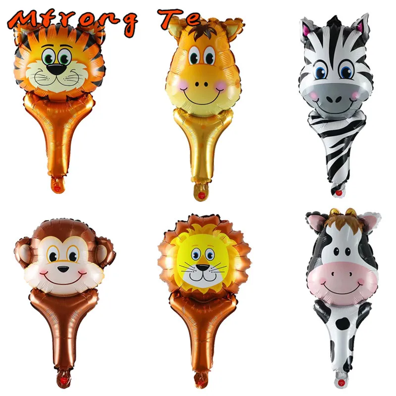 

50pcs Cartoon Animal Head Tiger Lion Monkey Cow Giraffe Cheer Hand Holding Sticks Foil Balloons Birthday Party Decorations Toys