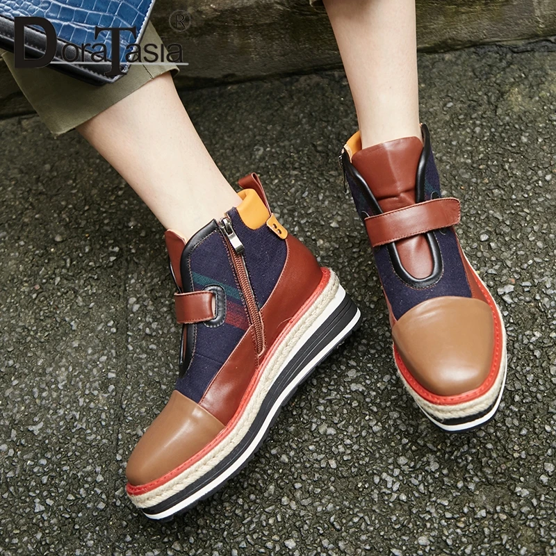 

DoraTasia New Genuine Leather Ankle Boots Mixed Color Hook &loop 5.5cm High Wedges Autumn Winter Boots For Ladies Shoes Woman