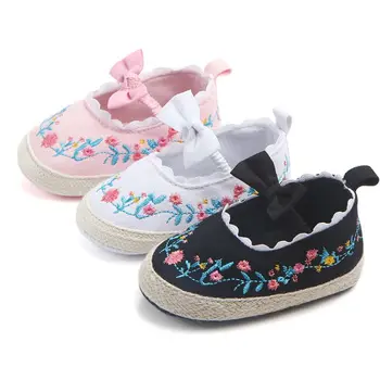 

2019 Toddler Newborn Baby Crib Shoes Bow Embroidery Princess Baby Soft Sole Anti-Slip Prewalker For Baby Girls First Walk