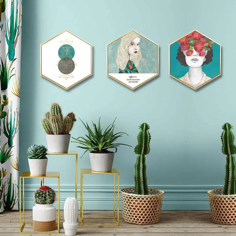 

Nordic style Artistic figure Hexagonal decorative painting Living room background wall painting Bedroom studio framed triptych
