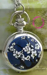 Оптовая цена хорошее качество серебряное зеркало эскиз рисунок синий белый цветок карманные цепи часы ожерелье Hour Clock antibrittle