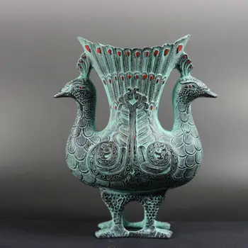 

collectible old china handwork bronze pot carved 2 peacock vivid shape delicate