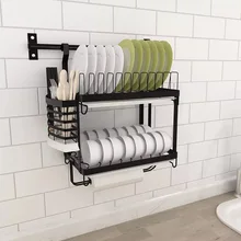 304 Stainless Steel Dish Rack Wall Kitchen Shelf Drain Bowl Cutlery Cup Holder Dish Drainer Rack with Tray Kitchen Organizer