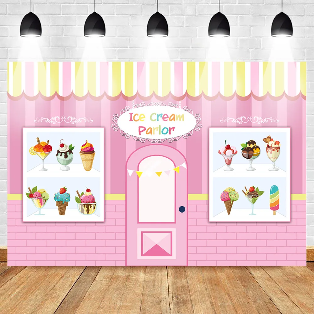 

Mehofoto Ice Cream Parlor Shop Photography Backdrop Sweet Child Birthday Photo Background Pink Ice Cream Party Banner Supplies