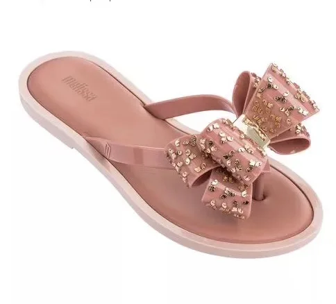 Melissa/прозрачные сандалии; Новинка года; пляжная прозрачная обувь; Женская Популярная летняя повседневная обувь на плоской подошве без застежки с цветами - Цвет: Розовый