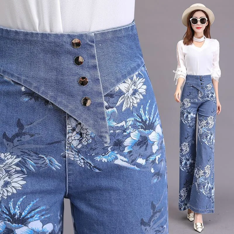 

Spring Fall Fashion Womens High Waisted Printed Floral Pattern Wide Leg Denim Trousers , 2019 Summer 3xl Jeans Pants For Woman
