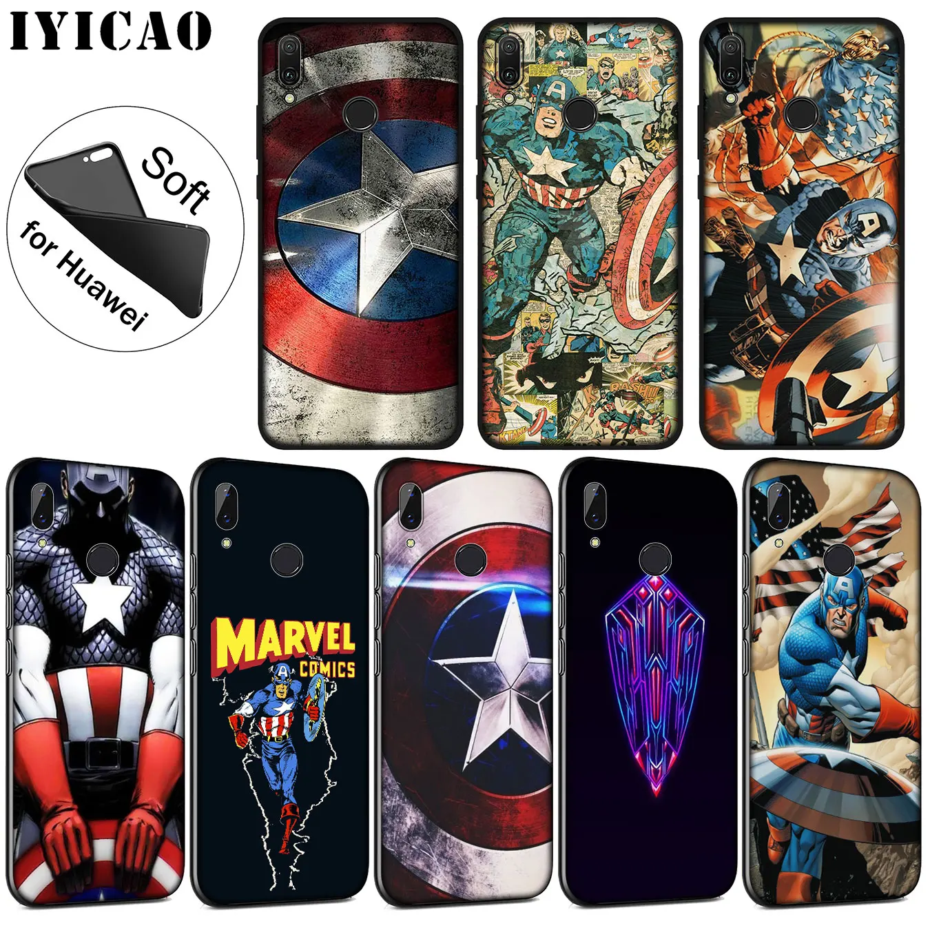 

IYICAO Captain America Marvel Soft Silicone Phone Case for Huawei P20 Pro P10 P9 P8 Lite Mini 2017 2015 P Smart 2019 Black Cover