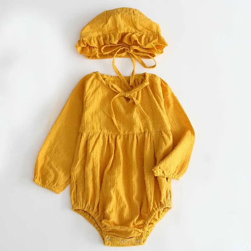 B93H12 Yellow Коллекция года, весенний Детский комбинезон для новорожденных из 2 предметов+ шапочка, хлопковый комбинезон с длинными рукавами, игровой костюм для маленьких девочек, модная одежда для маленьких девочек - Цвет: B93H12 Yellow