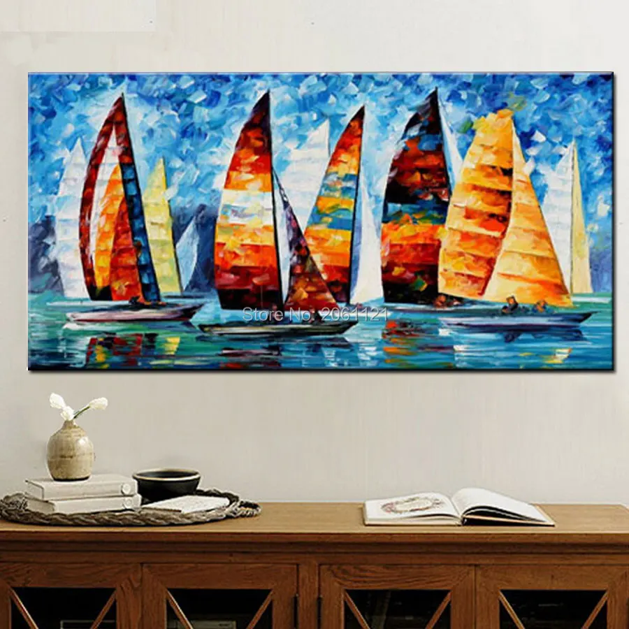 

Free shipping!!High Quality Modern Abstract colorful sailboats Oil Painting on Canvas Art picture on wall textured blue seascape
