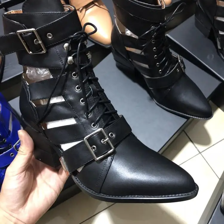 

Brand Woman Boots Pointed Toe Woman Shoes Metal Belt Buckle Front Lace Up Spring Autumn Mid-calf Boots Chic Chaussures Femmes