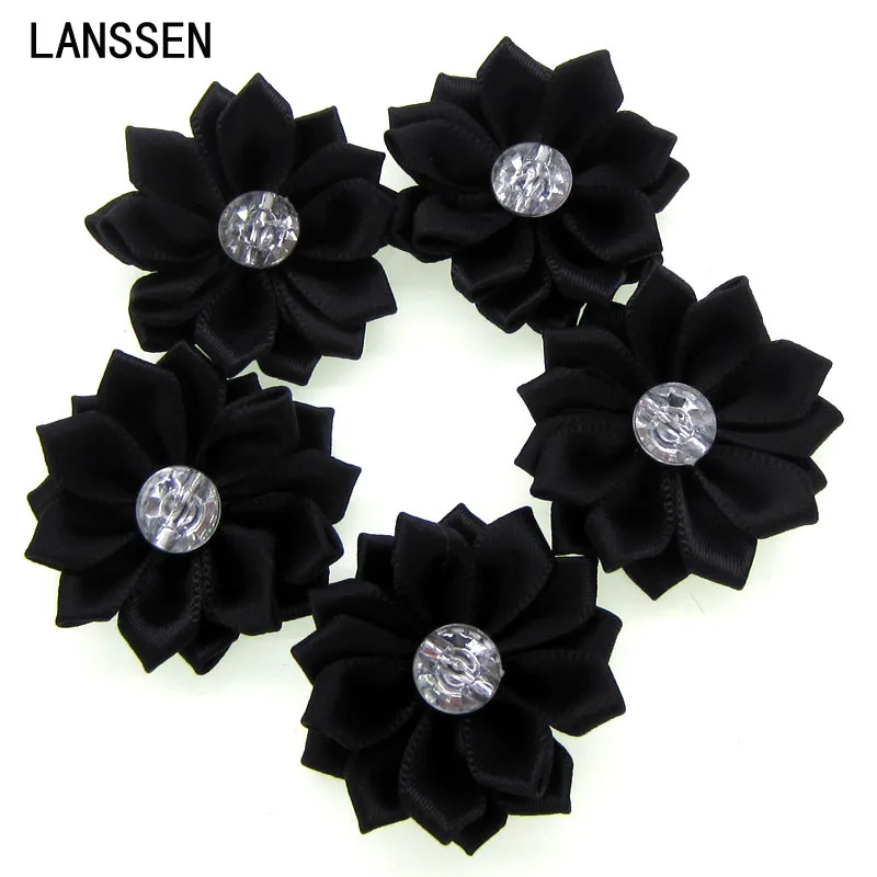 12Pcs Black Satin Ribbon Flowers with Rhinestone Multilayers Fabric Appliques Accessories Sewing Wedding DIY 4.0cm | Дом и сад