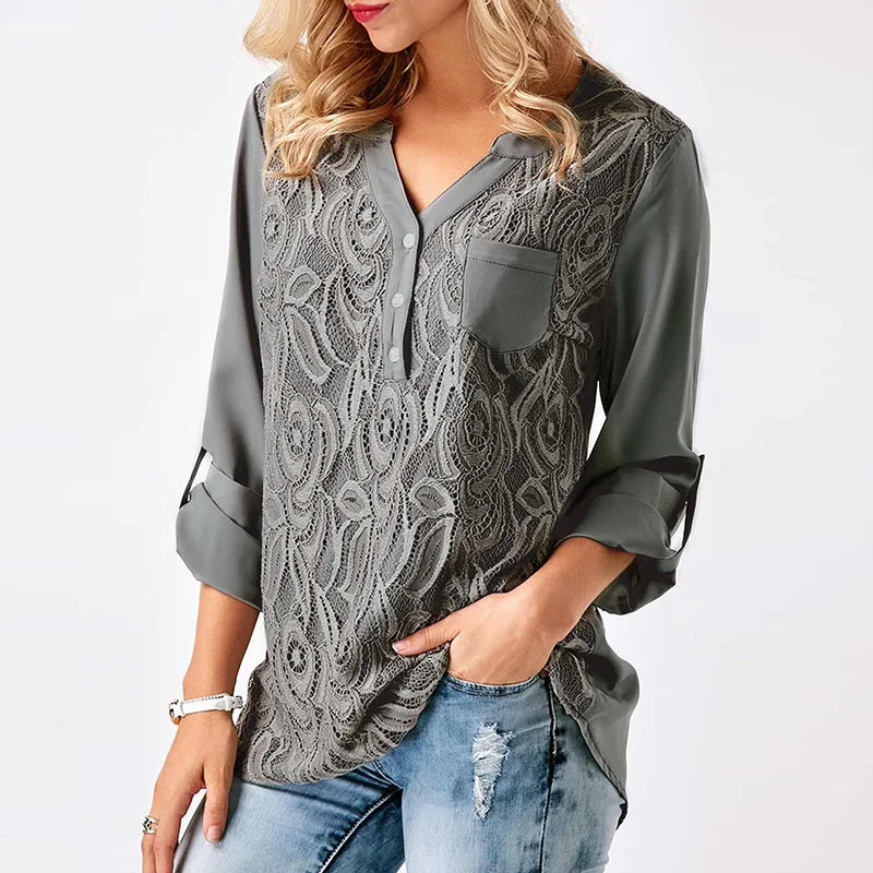 

2019 spring new European and American solid color ladies tops V-neck sexy lace stitching chiffon slim women's shirt 5 colors