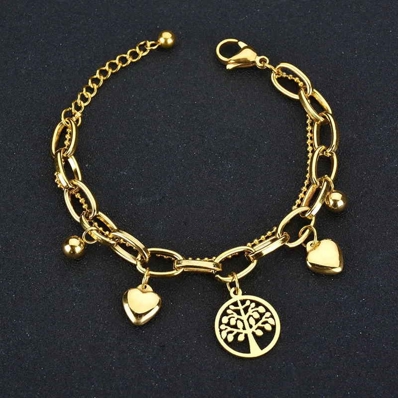 Индивидуальные Многослойные удлинительные цепи жизни дерева сердца золотого цвета браслеты из нержавеющей стали для женщин подарок