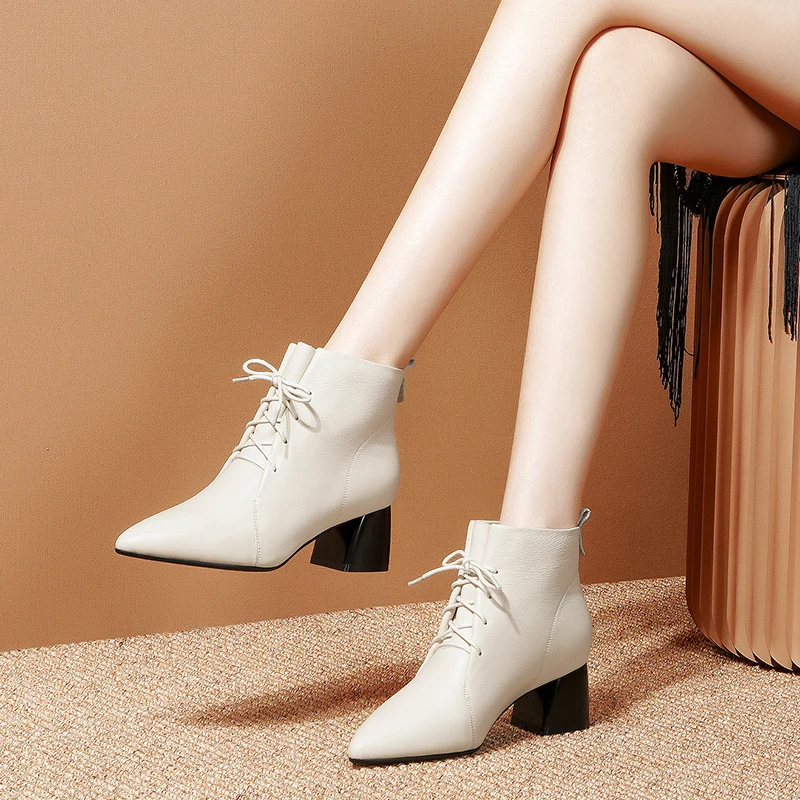 Brand Women Genuine Leather Ankle Boots High Heels lace up Elegant Office Pumps Retro Ladies Shoes Woman Boots