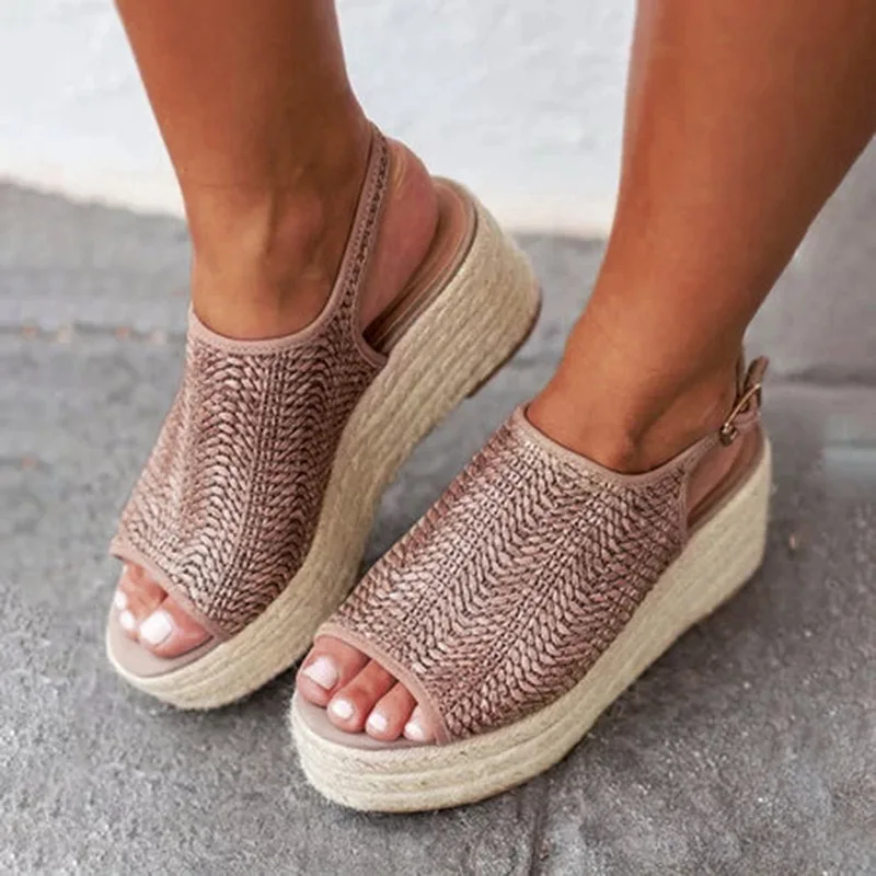 

MoneRffi Summer Women Platform Wedge Peep Toe Weaving Sandal Buckle Strap Gladiator Open Toe Fish Mouth Shoes Female Beach Shoes