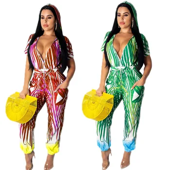 

Summer Digital Print Jumpsuit Sexy Deep V Short Sleeve Zipper Bandage Women Hooded Harem Pants Jumpsuits