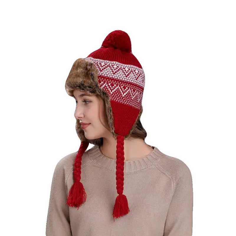 11 Styles Women Winter Thicken Lining Earflap Hat Knitted Contrast Color Snow Ski Beanie Cap Pompom Ball Long Tassels Ear Warmer - Цвет: Wine Red(wavy)