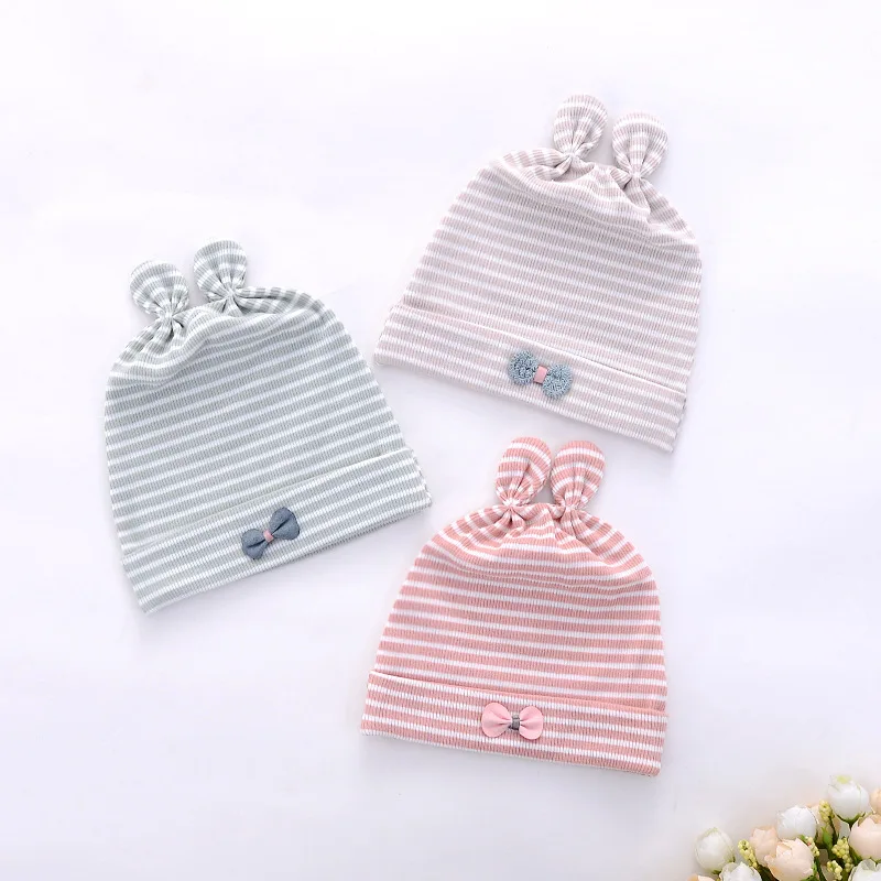 

Newborn Baby Hat Cute Ear Hat Toddler Baby Warm Hat Striped Caps Soft Hospital Girls Hats Bow Beanies