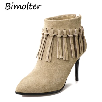 

Bimolter Ladies Sexy High Thin Heels Ankle Boots Cow Suede Leather Winter Warm Women Boots Fashion Fringe Short Boots LAEB049
