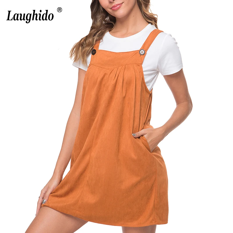 

Laughido Button Suspender Dress For Women 2019 Summer Side Pocket Oversize Casual Vestidos Sundress Streetwear Short Robe Femme