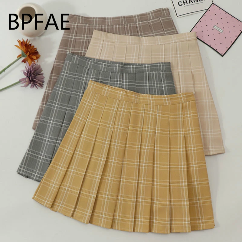 

2018 New Women England Style Casual Plaided Pleated Skirts Shorts Hot Sale High Waist Yellow/Apricot/Gray/Khaki Plaid Mini Skirt