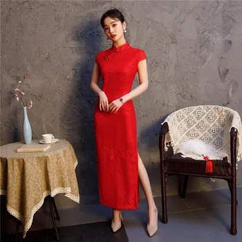 

Shanghai Story Chinese Style Dress Lace Cheongsam Short Sleeve Qipao Floral Chinese oriental dress Party Dress For Women