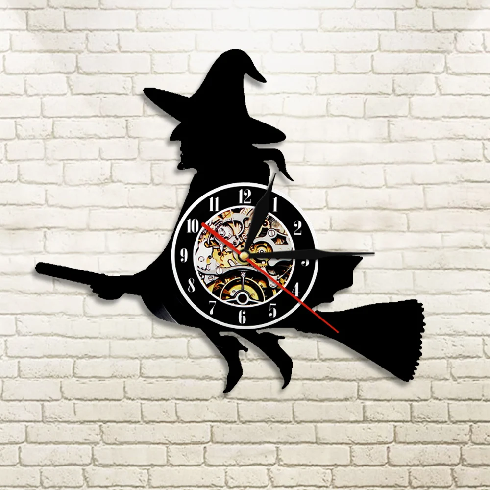 

1Piece Halloween Witch Hazel Silhouette Wall Clock Night of the Living Home Decor Flying Witch Vinyl Record Clock
