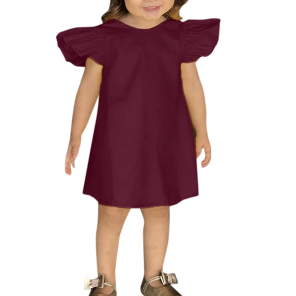 

Little girl fashion simple solid color straight Summer Infant Baby Girls Fly Sleeve Solid Bow Dress Clothes Dresses F4