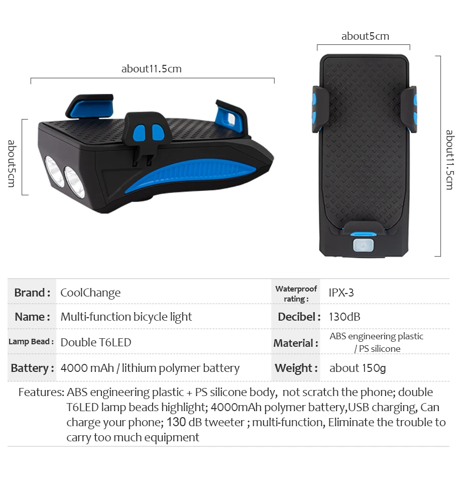 Clearance CoolChange Bike Light Cycling Alarm Bell Smart phone Mount Stand Bicycle Lamp Stand 2000/4000mAh Power Bank Bicycle Front Light 9